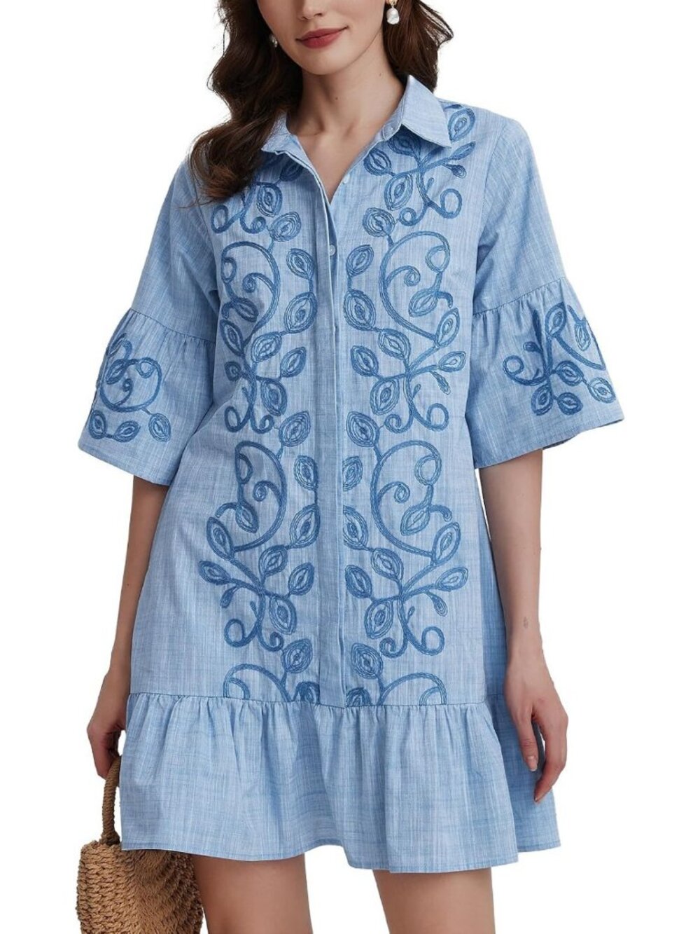 Floral Embroidered Mini Dress for Women | Chic Shirt Shift Tunic Style